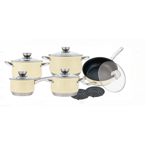 Set vase de gatit Royal line RL-1232 acoperite cu marmura ,12 piese (crem)
