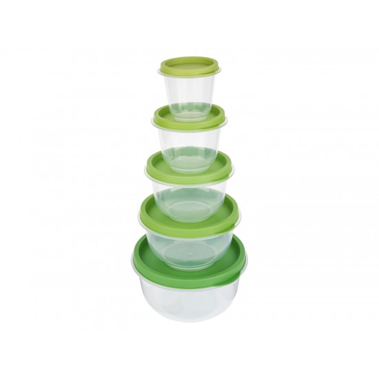 Set 5 caserole cu capac ERNESTO, 5 dimensiuni, depozitare si pastrare alimente, transparent, capac verde