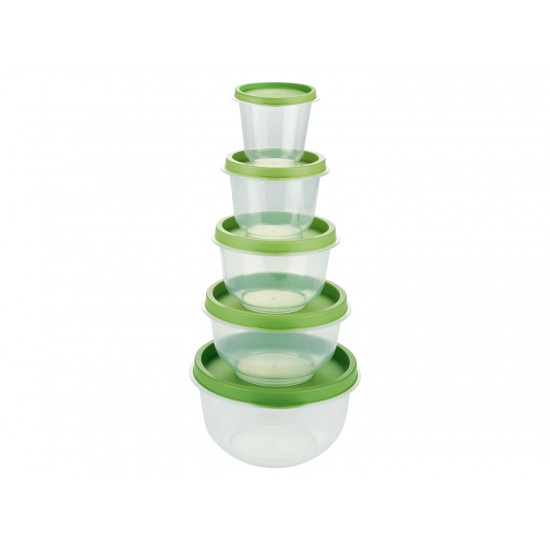 Set 5 caserole cu capac ERNESTO, 5 dimensiuni, depozitare si pastrare alimente, transparent, capac verde