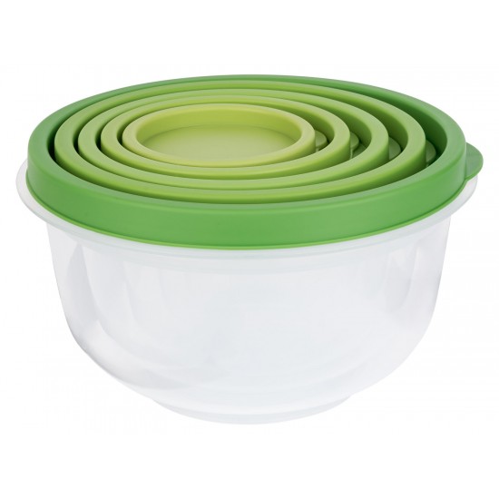 Set 5 caserole cu capac ERNESTO, 5 dimensiuni, depozitare si pastrare alimente, transparent, capac verde